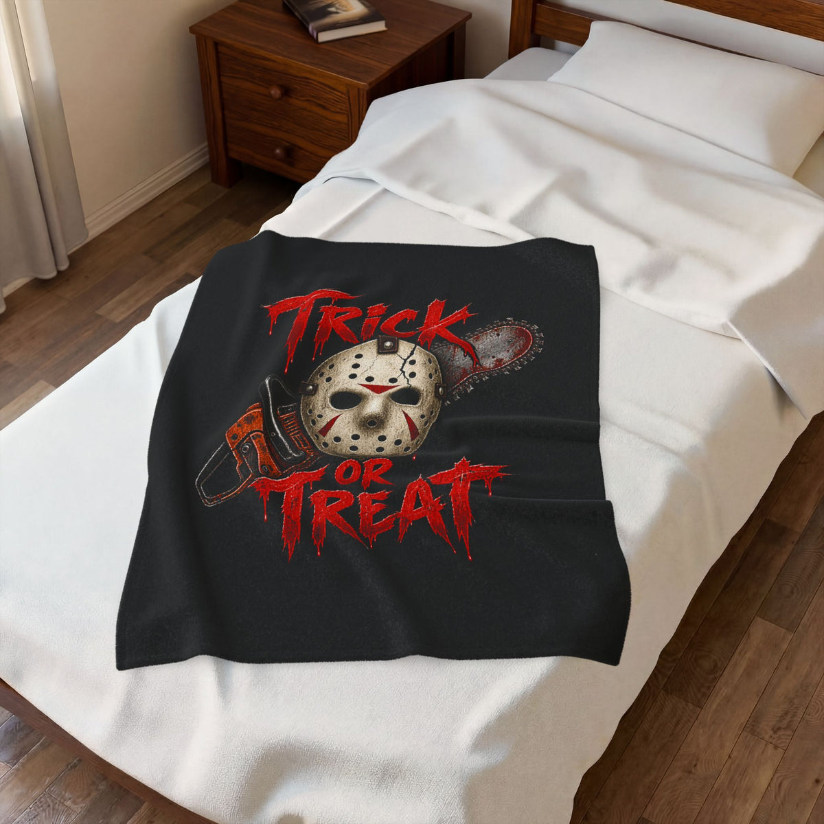 Horror 'Trick or Treat' Plush Blanket — Jason Mask & Chainsaw Halloween Throw