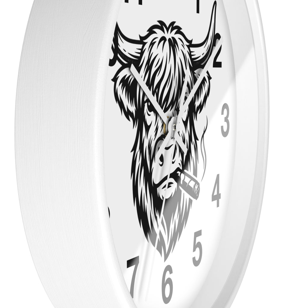 Highland Cow Smoking Cigar Wall Clock | Bull Head Illustration, Rustic Farmhouse Decor