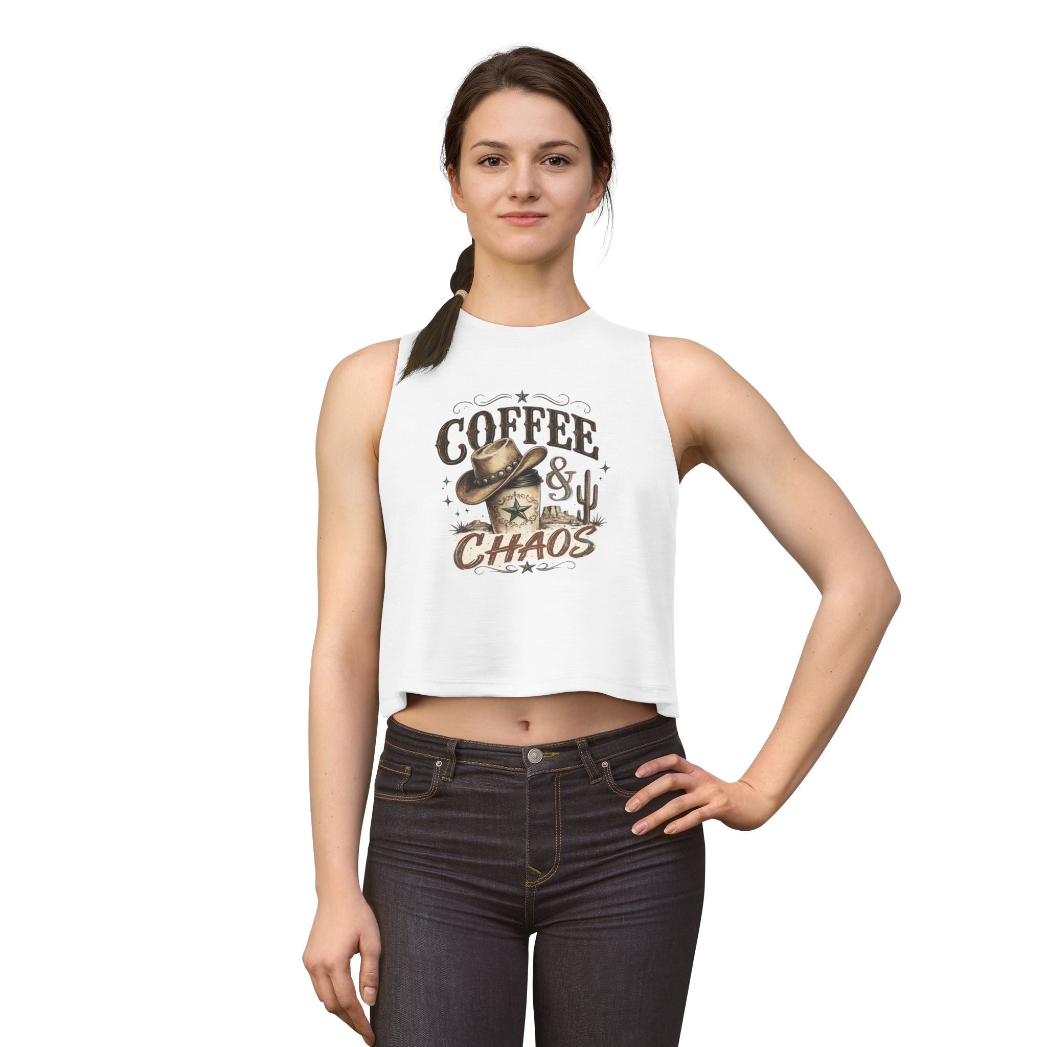 Coffee & Chaos Crop Top — Western Cowboy Graphic Women's Tank
