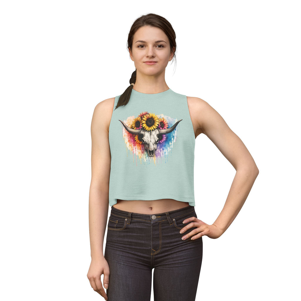 Sunflower Longhorn Skull Crop Top | Colorful Drip Boho Southwestern