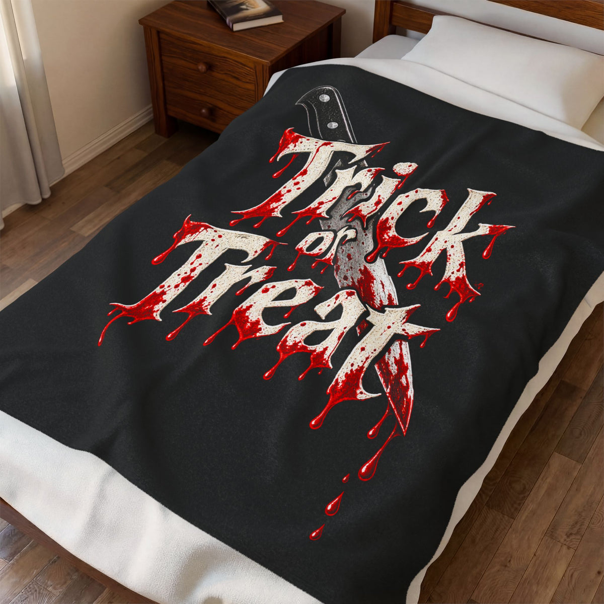 Halloween Trick or Treat Plush Blanket — Spooky Blood-Drip Velveteen Throw
