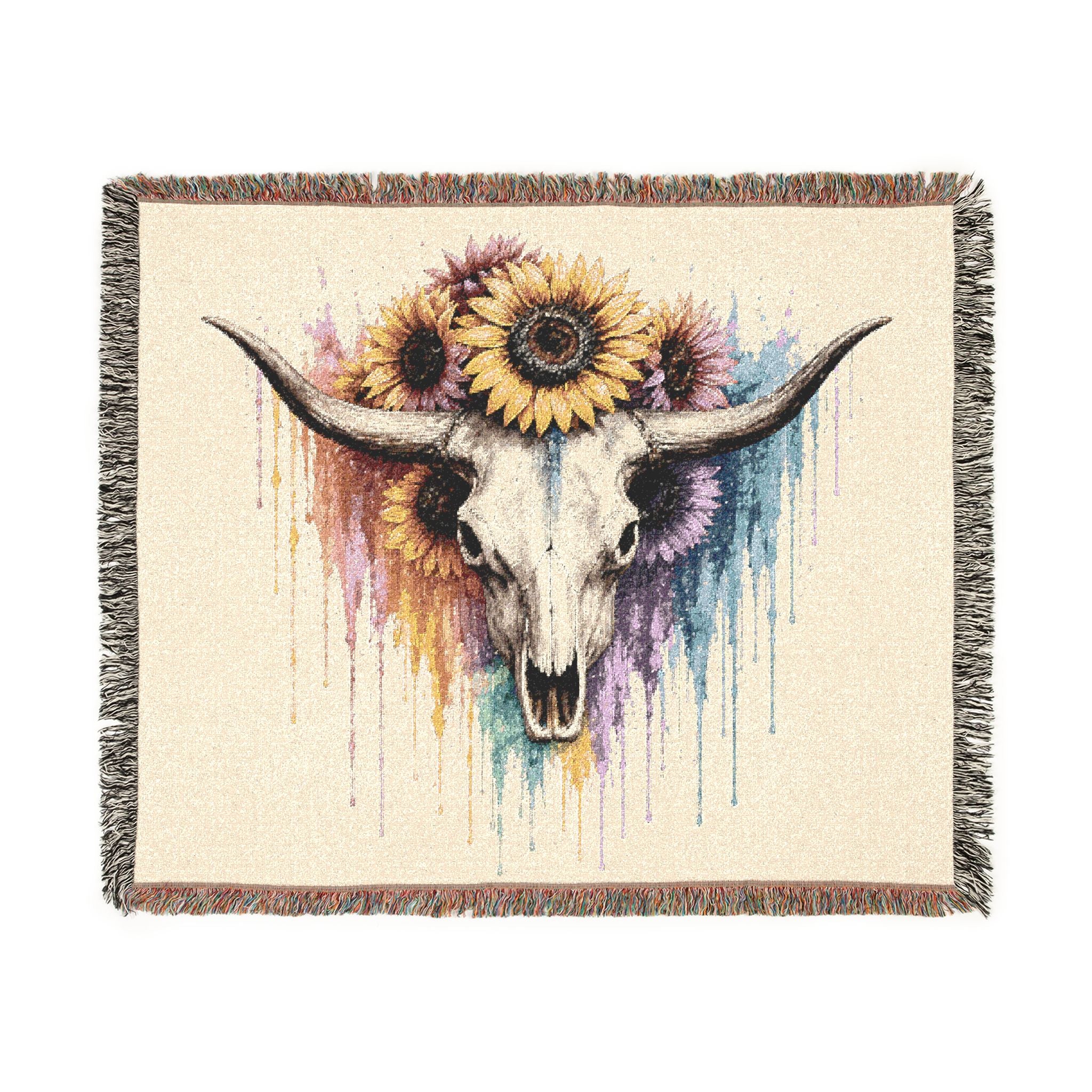 Sunflower Cow Skull Woven Blanket | Southwestern Skull Tapestry Throw
