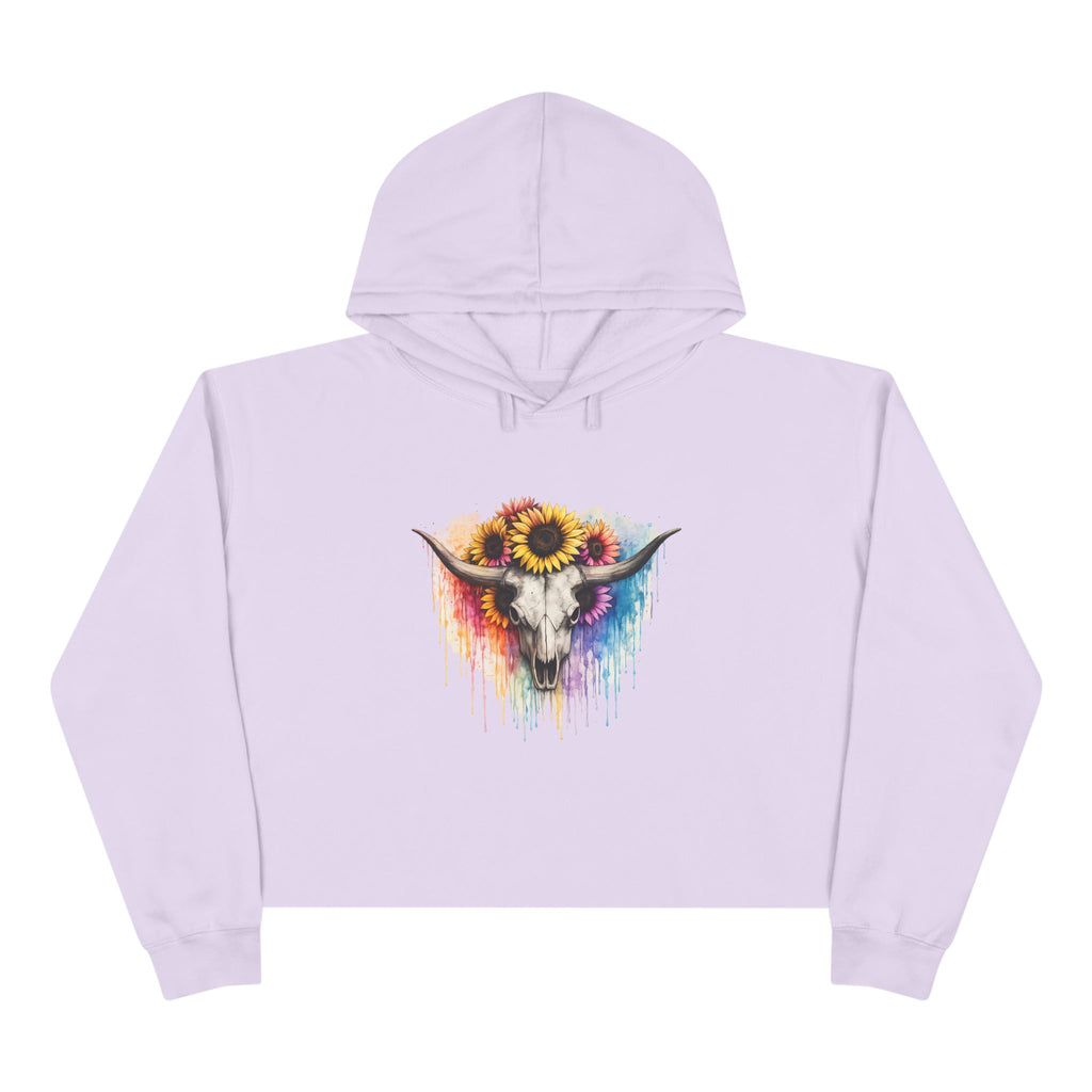 Sunflower Cow Skull Crop Hoodie — Boho Western Art Pullover