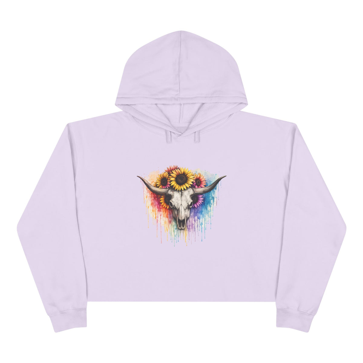 Sunflower Cow Skull Crop Hoodie — Boho Western Art Pullover