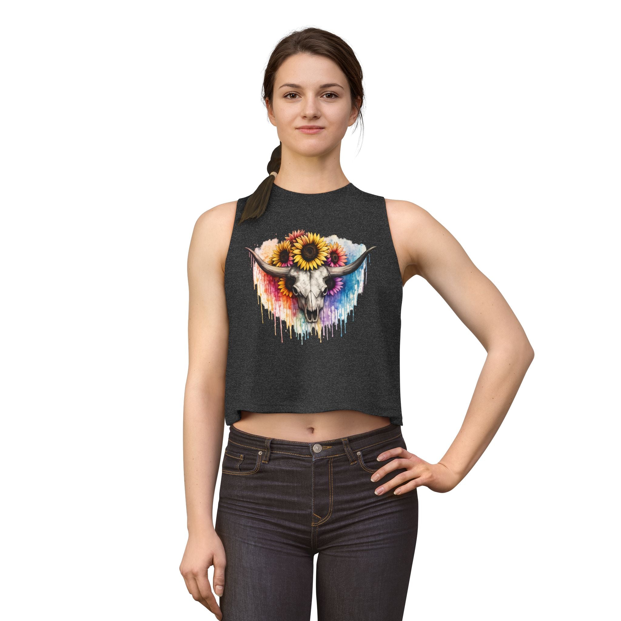 Sunflower Longhorn Skull Crop Top | Colorful Drip Boho Southwestern