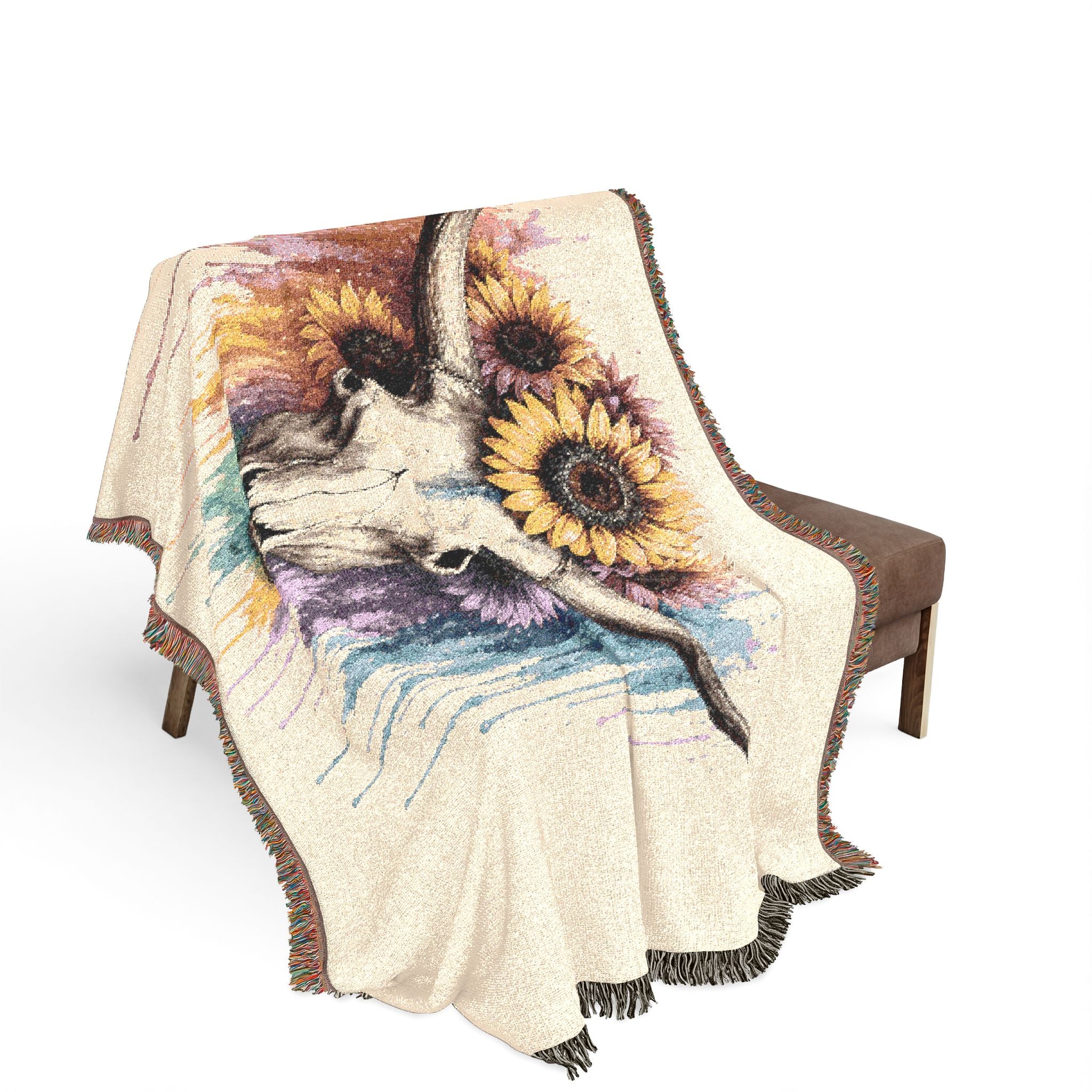 Sunflower Cow Skull Woven Blanket | Southwestern Skull Tapestry Throw