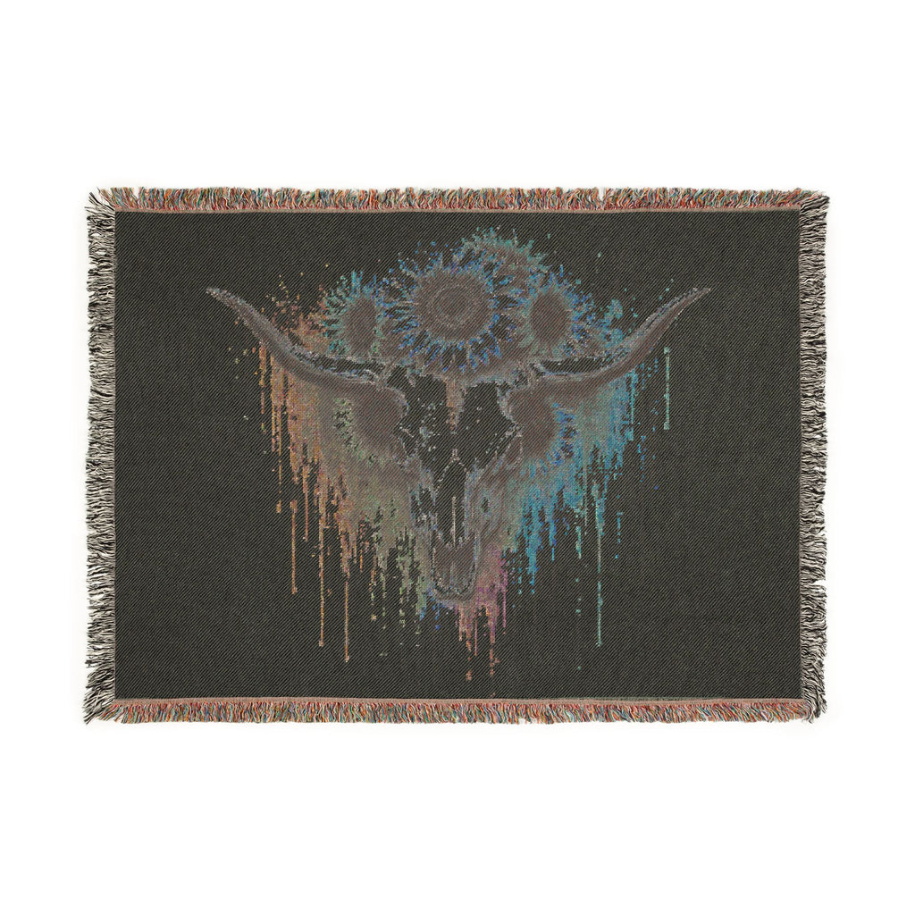 Sunflower Cow Skull Woven Blanket | Southwestern Skull Tapestry Throw