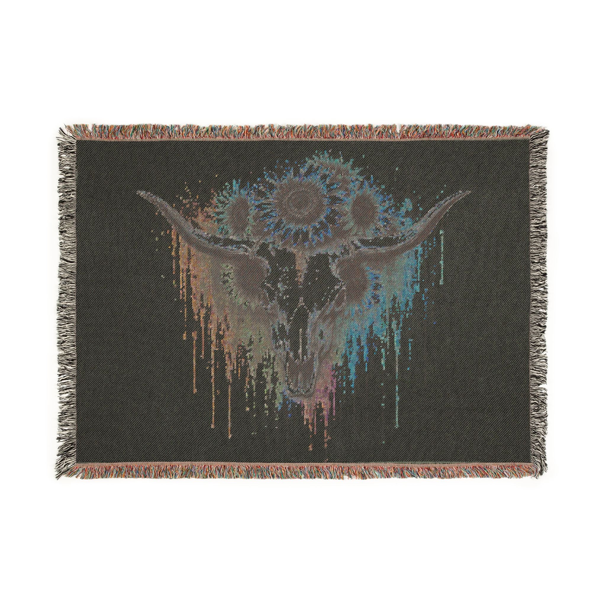 Sunflower Cow Skull Woven Blanket | Southwestern Skull Tapestry Throw