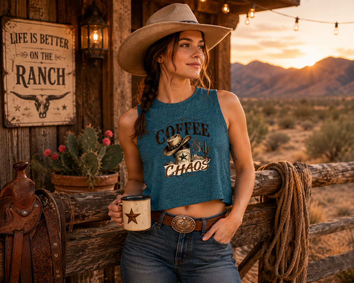 Coffee & Chaos Crop Top — Western Cowboy Graphic Women's Tank