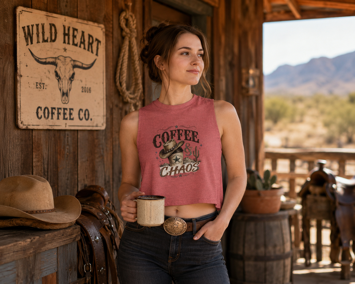Coffee & Chaos Crop Top — Western Cowboy Graphic Women's Tank