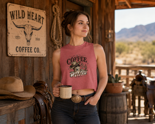 Coffee & Chaos Crop Top — Western Cowboy Graphic Women's Tank