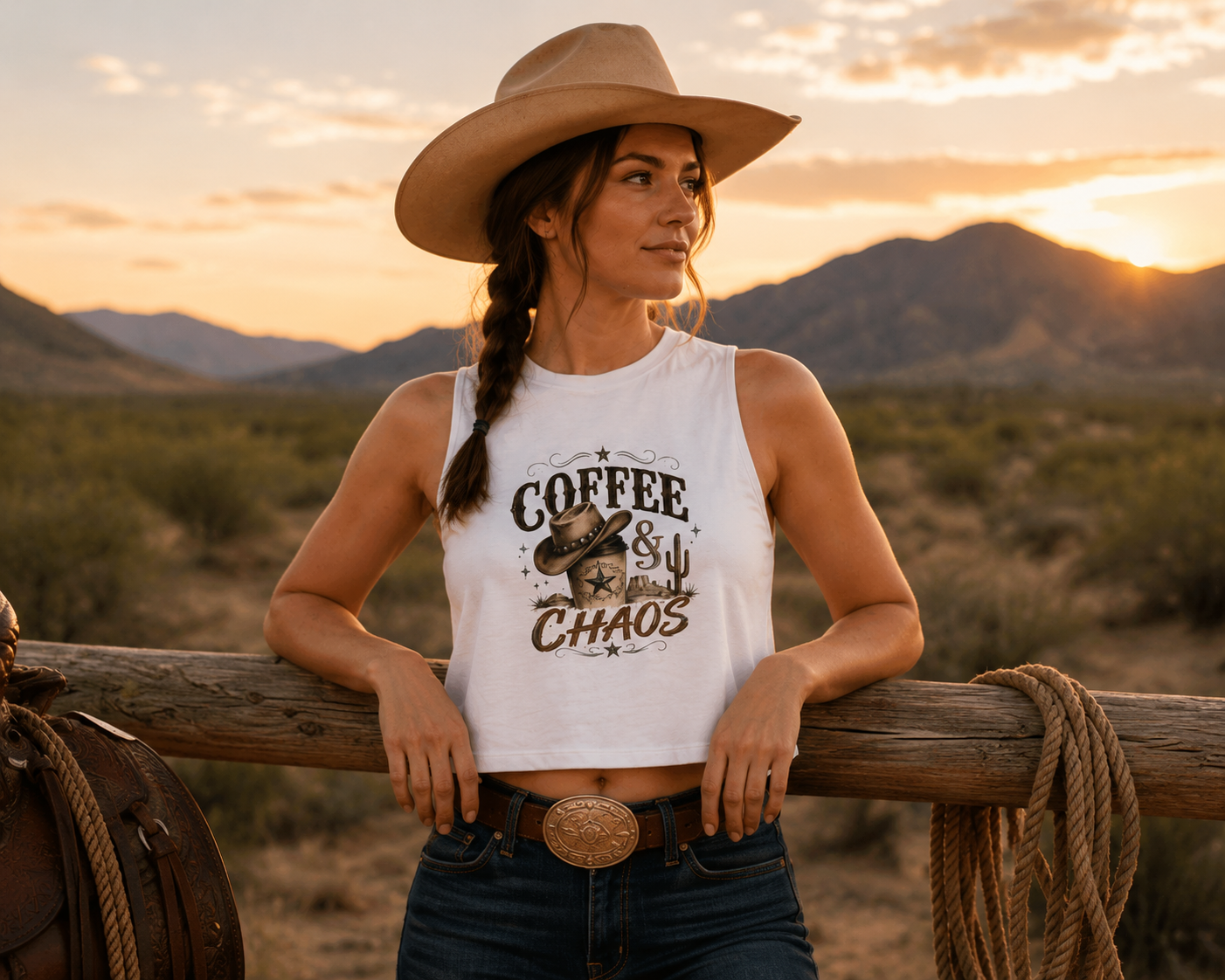 Coffee & Chaos Crop Top — Western Cowboy Graphic Women's Tank