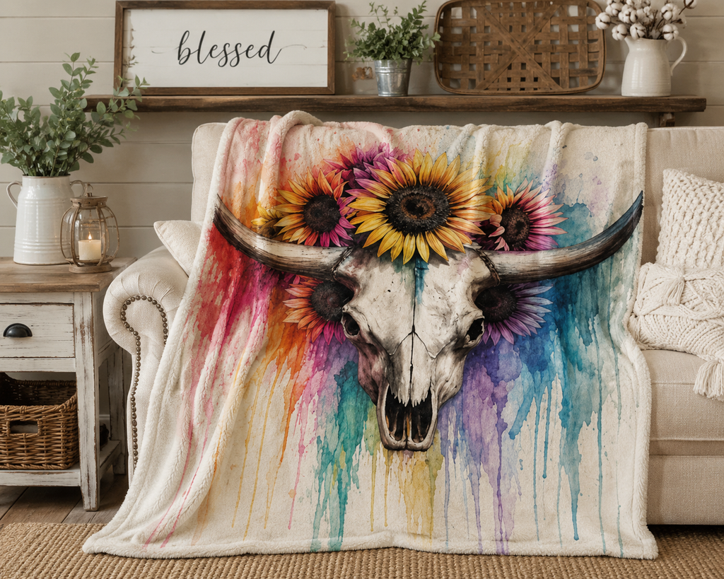 Watercolor Bull Skull with Sunflowers Blanket | Colorful Drip Art Throw