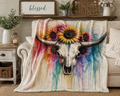Watercolor Bull Skull with Sunflowers Blanket | Colorful Drip Art Throw