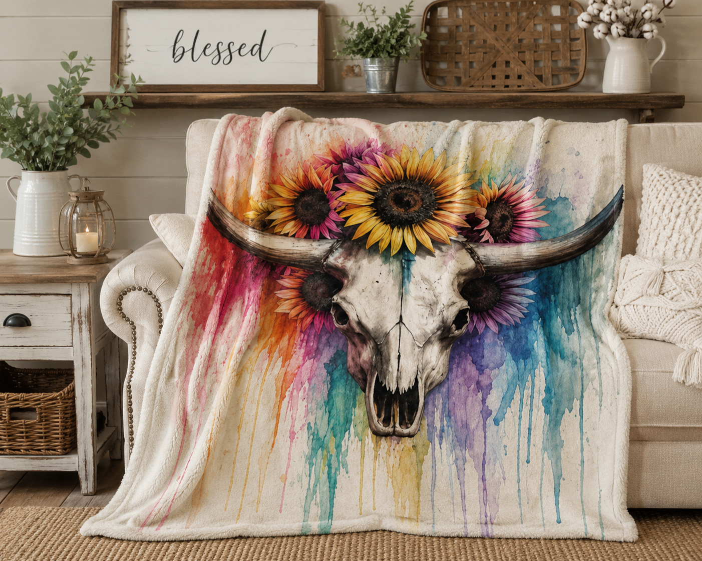 Watercolor Bull Skull with Sunflowers Blanket | Colorful Drip Art Throw