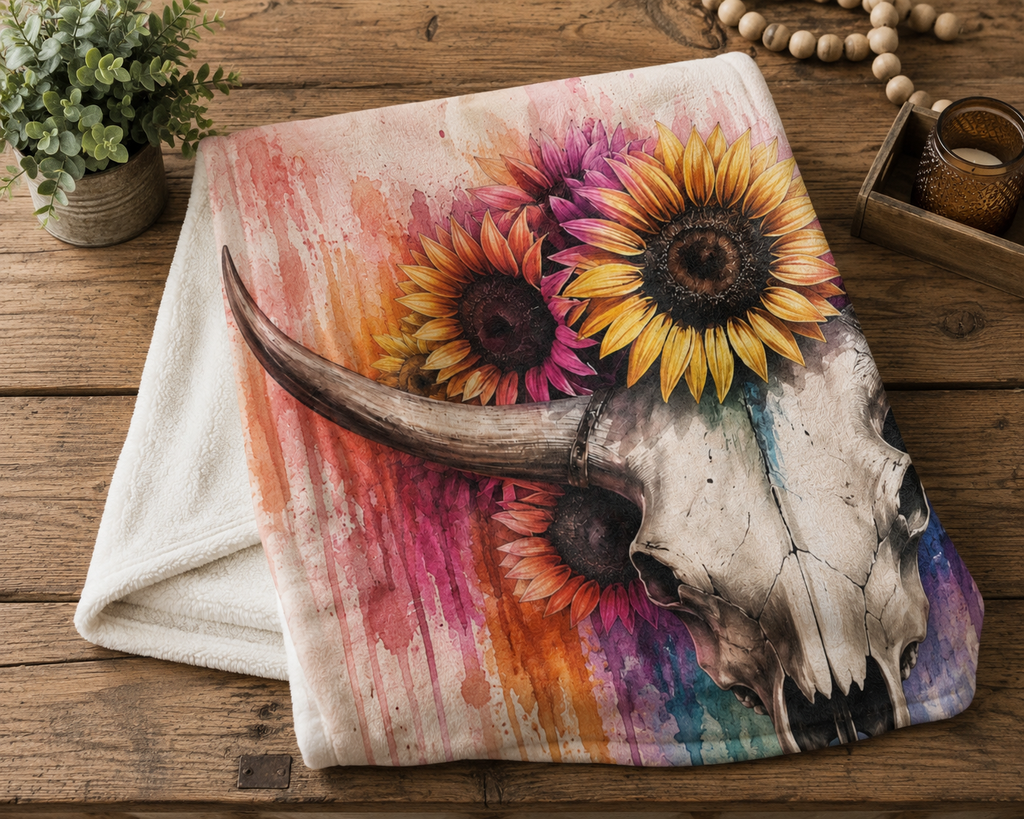 Watercolor Bull Skull with Sunflowers Blanket | Colorful Drip Art Throw