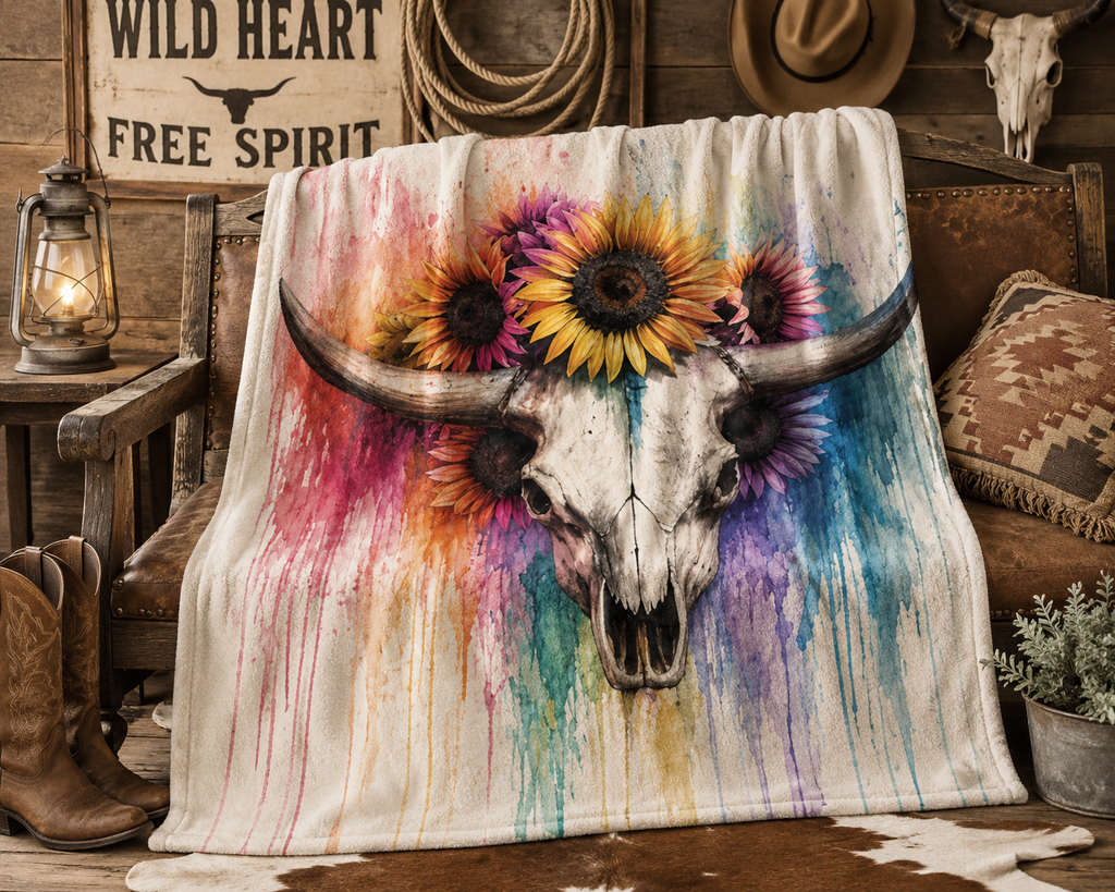 Watercolor Bull Skull with Sunflowers Blanket | Colorful Drip Art Throw