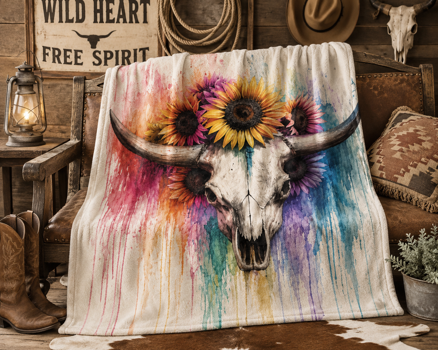 Watercolor Bull Skull with Sunflowers Blanket | Colorful Drip Art Throw