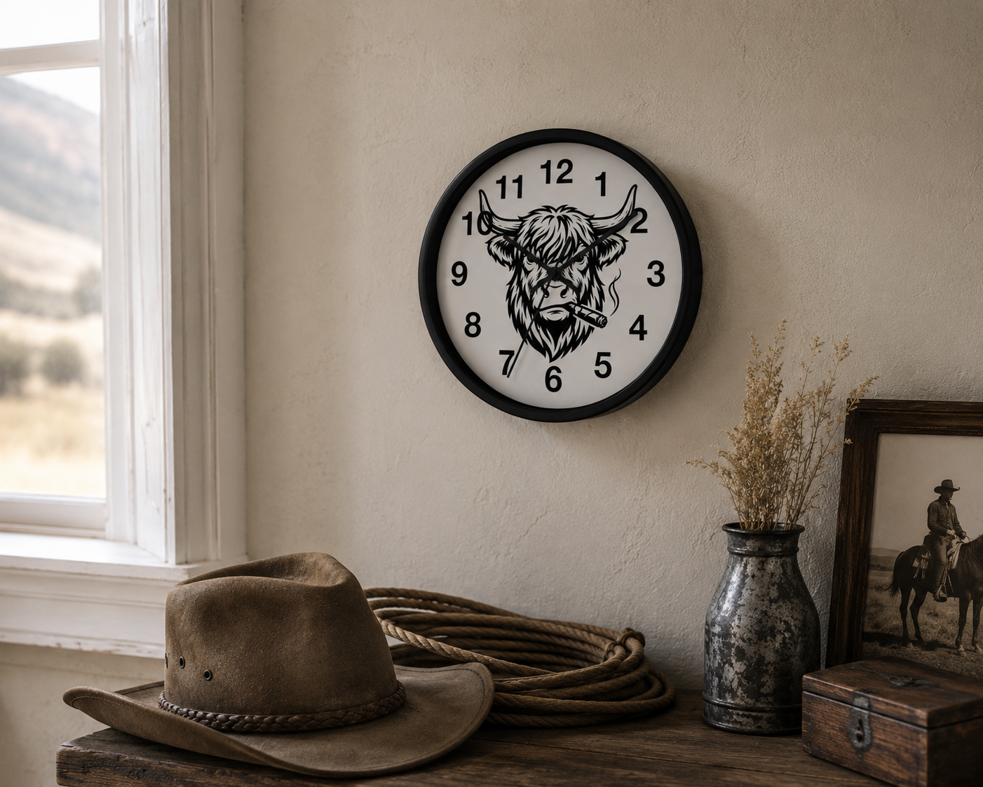 Highland Cow Smoking Cigar Wall Clock | Bull Head Illustration, Rustic Farmhouse Decor