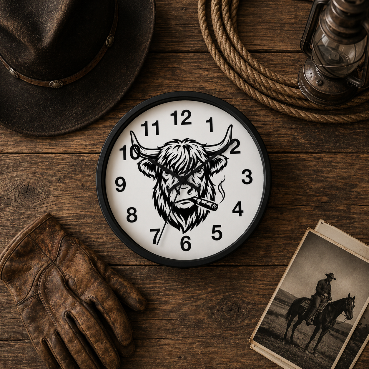 Highland Cow Smoking Cigar Wall Clock | Bull Head Illustration, Rustic Farmhouse Decor