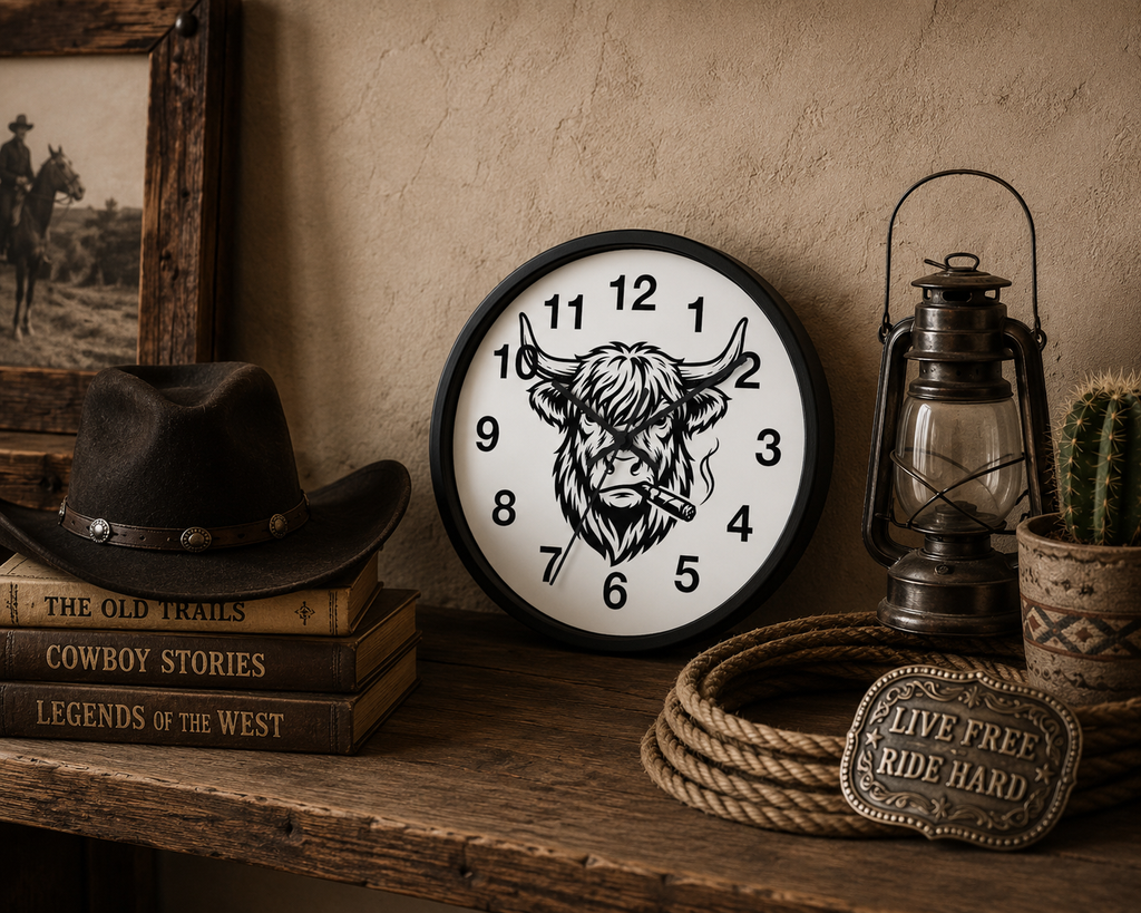 Highland Cow Smoking Cigar Wall Clock | Bull Head Illustration, Rustic Farmhouse Decor