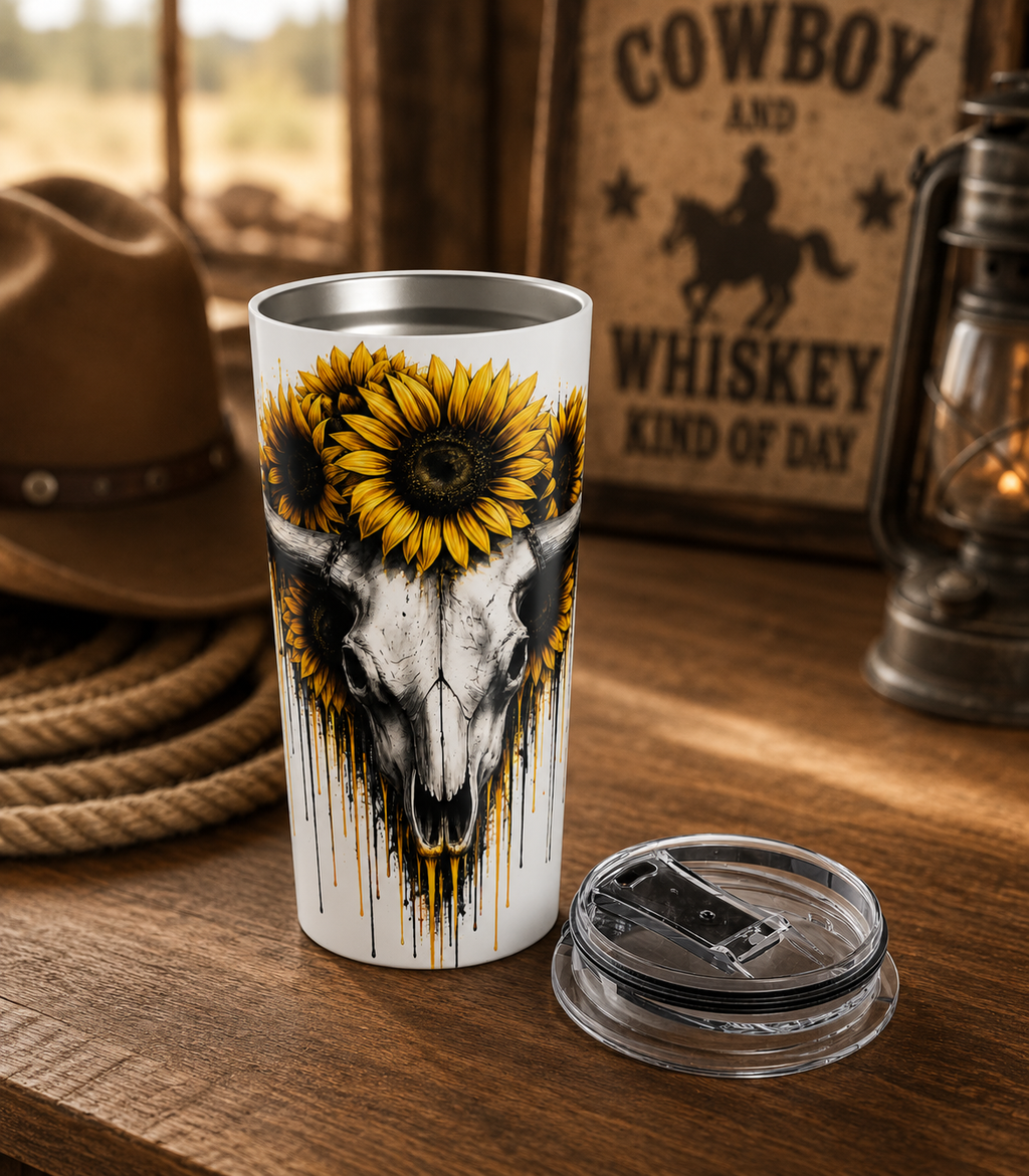 Sunflower Cow Skull Tumbler | 20oz Stainless Travel Mug