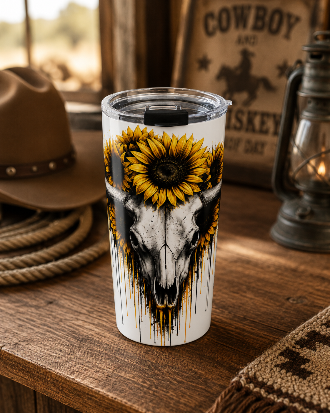 Sunflower Cow Skull Tumbler | 20oz Stainless Travel Mug