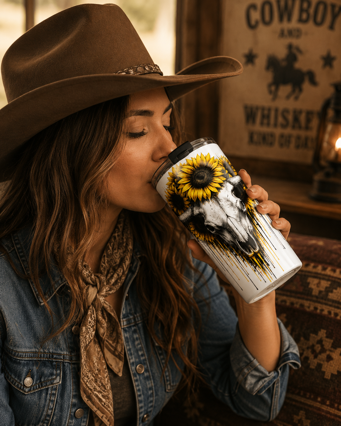 Sunflower Cow Skull Tumbler | 20oz Stainless Travel Mug