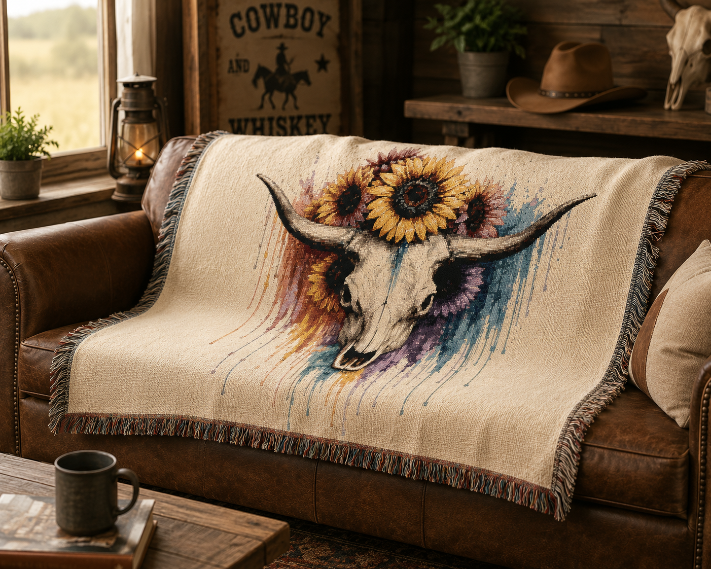 Sunflower Cow Skull Woven Blanket | Southwestern Skull Tapestry Throw