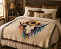 Sunflower Cow Skull Woven Blanket | Southwestern Skull Tapestry Throw