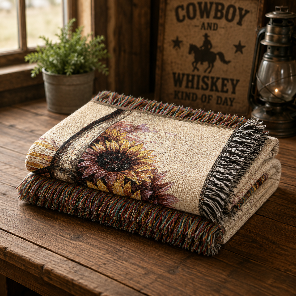 Sunflower Cow Skull Woven Blanket | Southwestern Skull Tapestry Throw