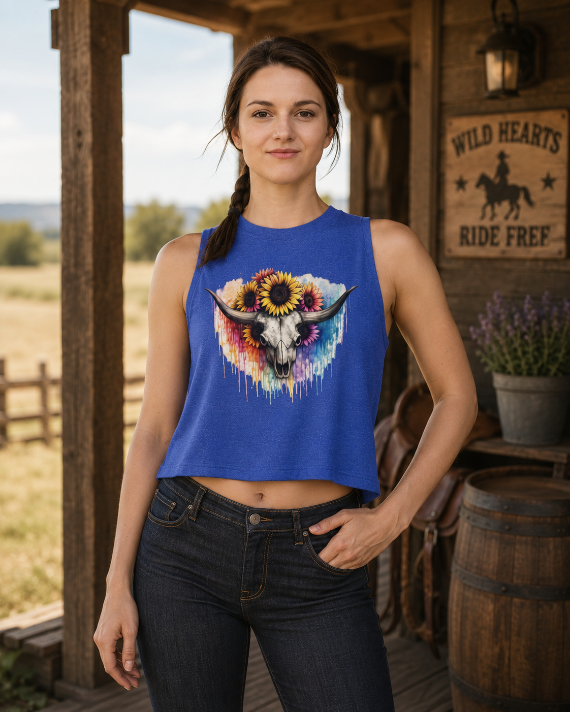 Sunflower Longhorn Skull Crop Top | Colorful Drip Boho Southwestern