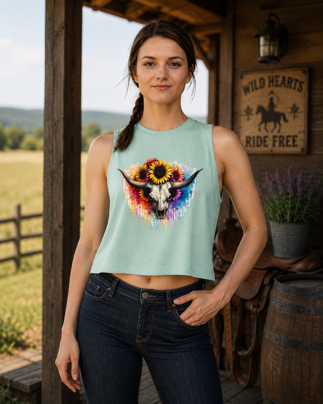Sunflower Longhorn Skull Crop Top | Colorful Drip Boho Southwestern