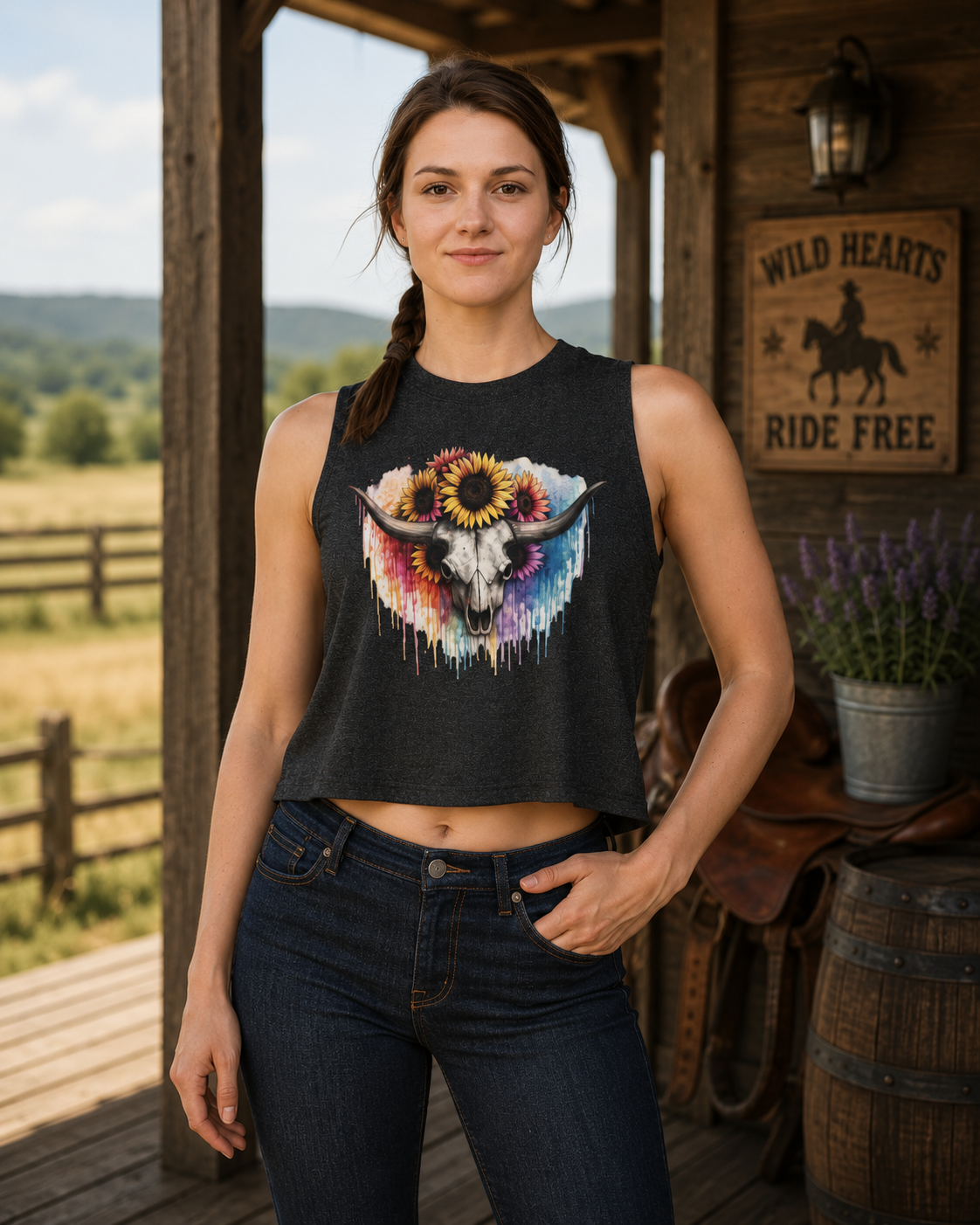Sunflower Longhorn Skull Crop Top | Colorful Drip Boho Southwestern