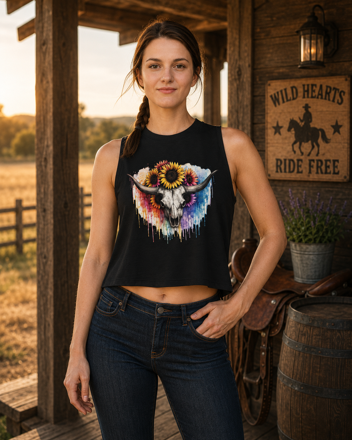 Sunflower Longhorn Skull Crop Top | Colorful Drip Boho Southwestern
