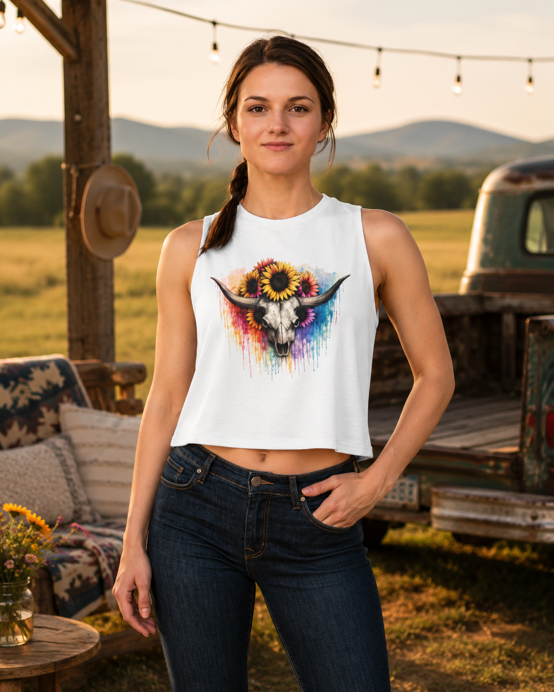 Sunflower Longhorn Skull Crop Top | Colorful Drip Boho Southwestern