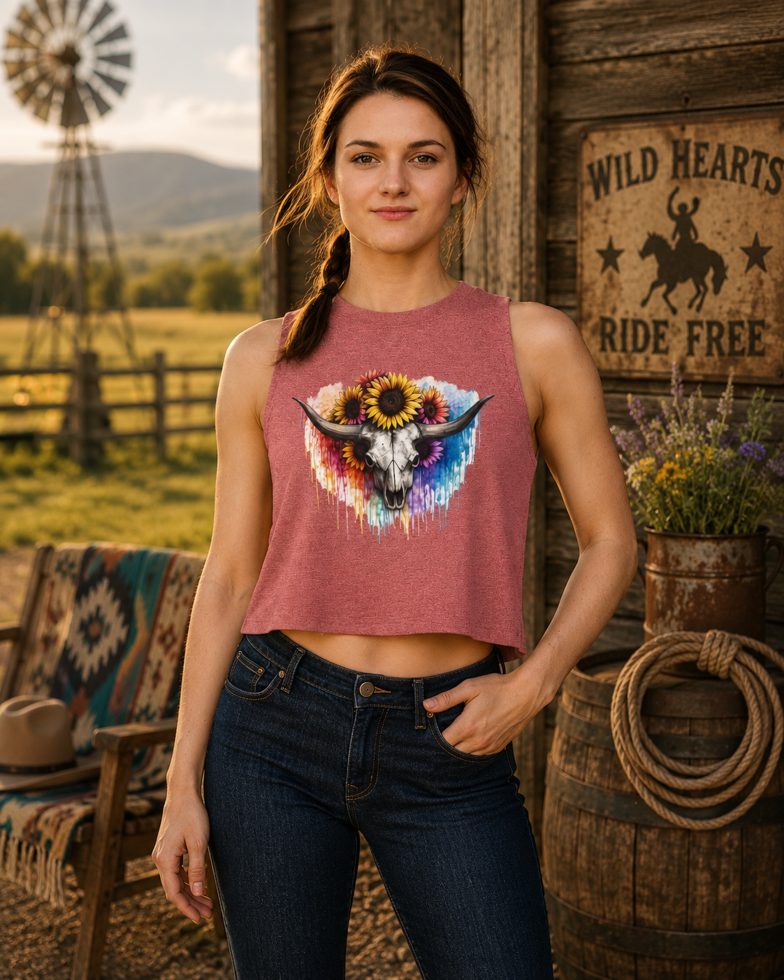 Sunflower Longhorn Skull Crop Top | Colorful Drip Boho Southwestern