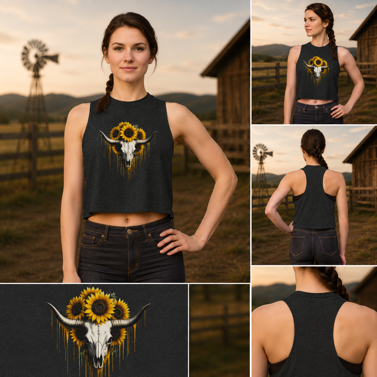 Sunflower Longhorn Skull Women's Crop Top | Southwestern Floral Skull