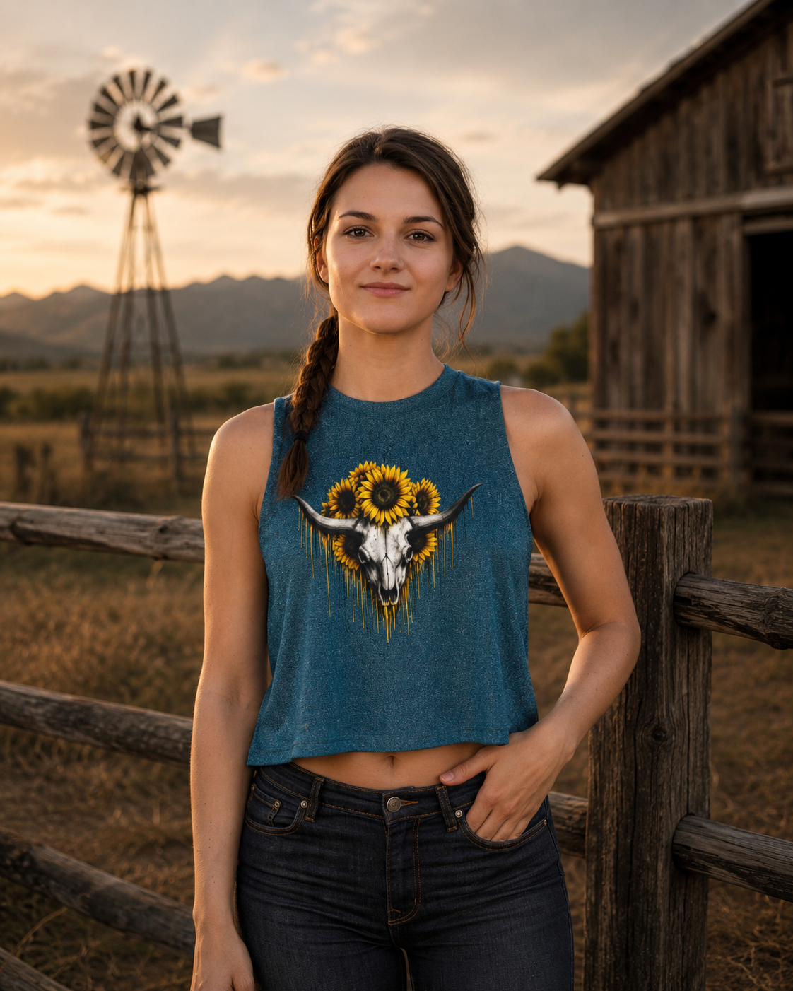 Sunflower Longhorn Skull Women's Crop Top | Southwestern Floral Skull