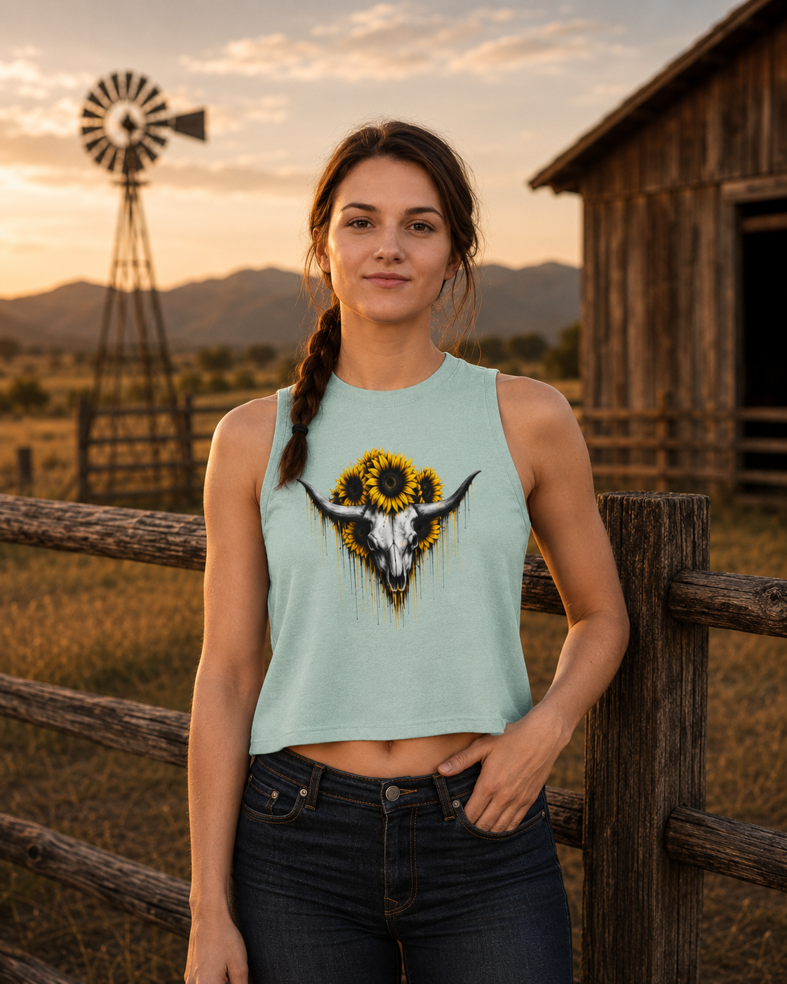Sunflower Longhorn Skull Women's Crop Top | Southwestern Floral Skull