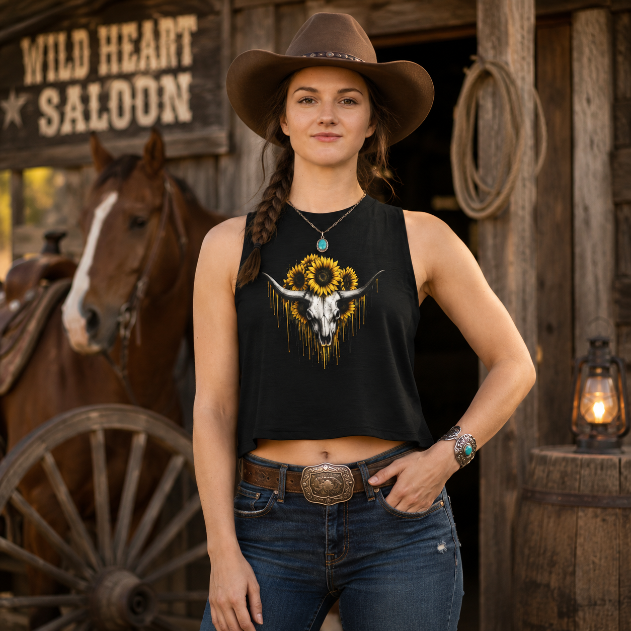 Sunflower Longhorn Skull Women's Crop Top | Southwestern Floral Skull