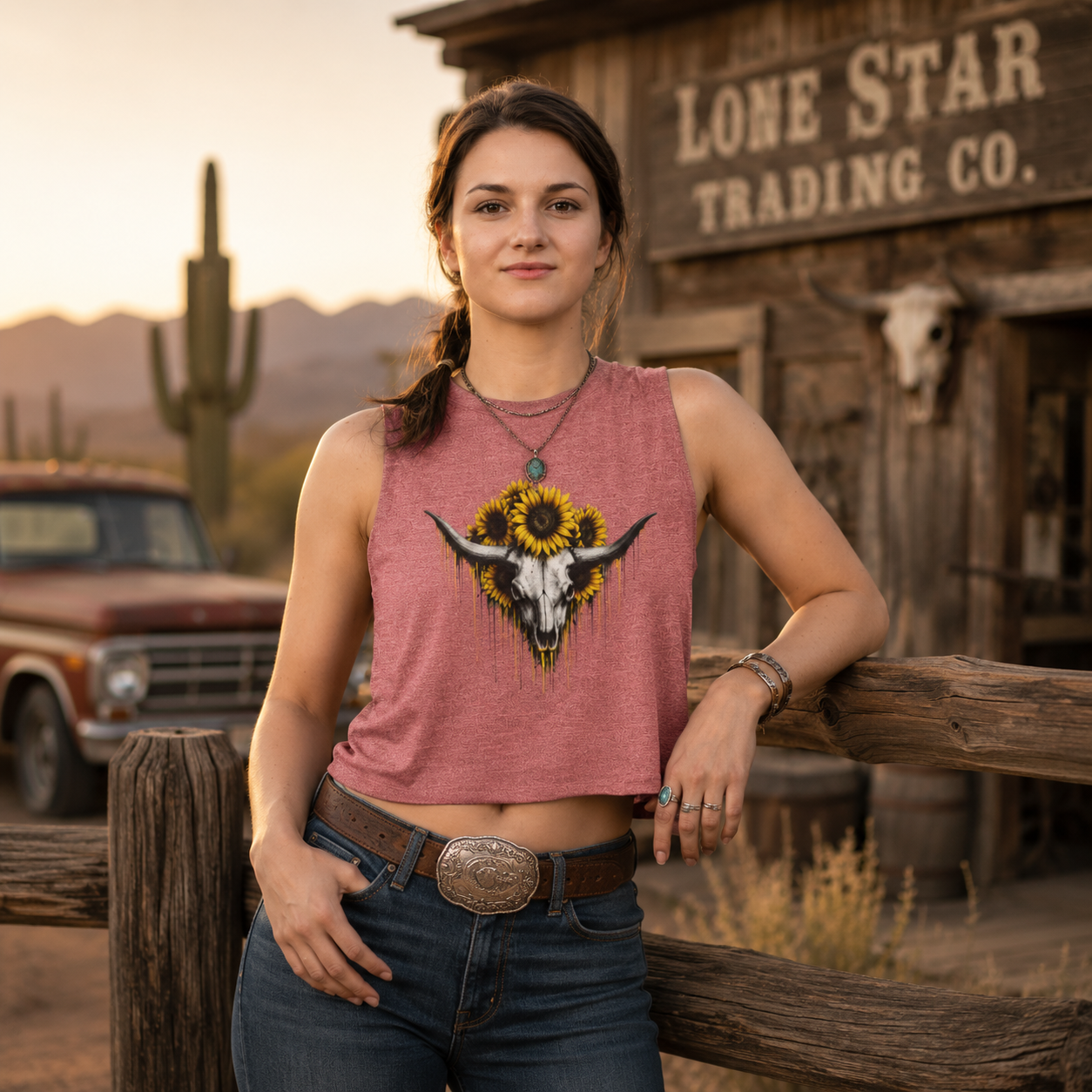 Sunflower Longhorn Skull Women's Crop Top | Southwestern Floral Skull
