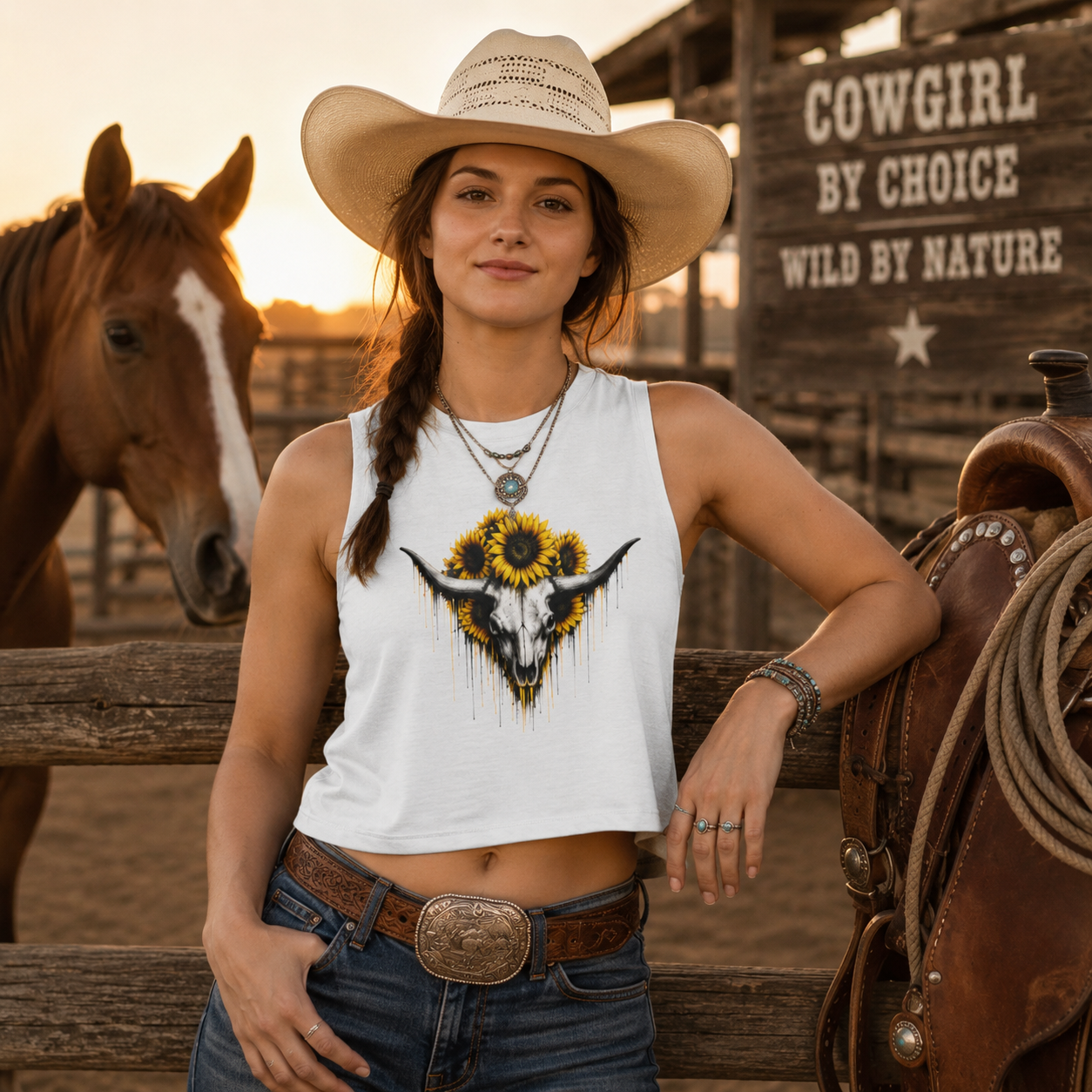 Sunflower Longhorn Skull Women's Crop Top | Southwestern Floral Skull