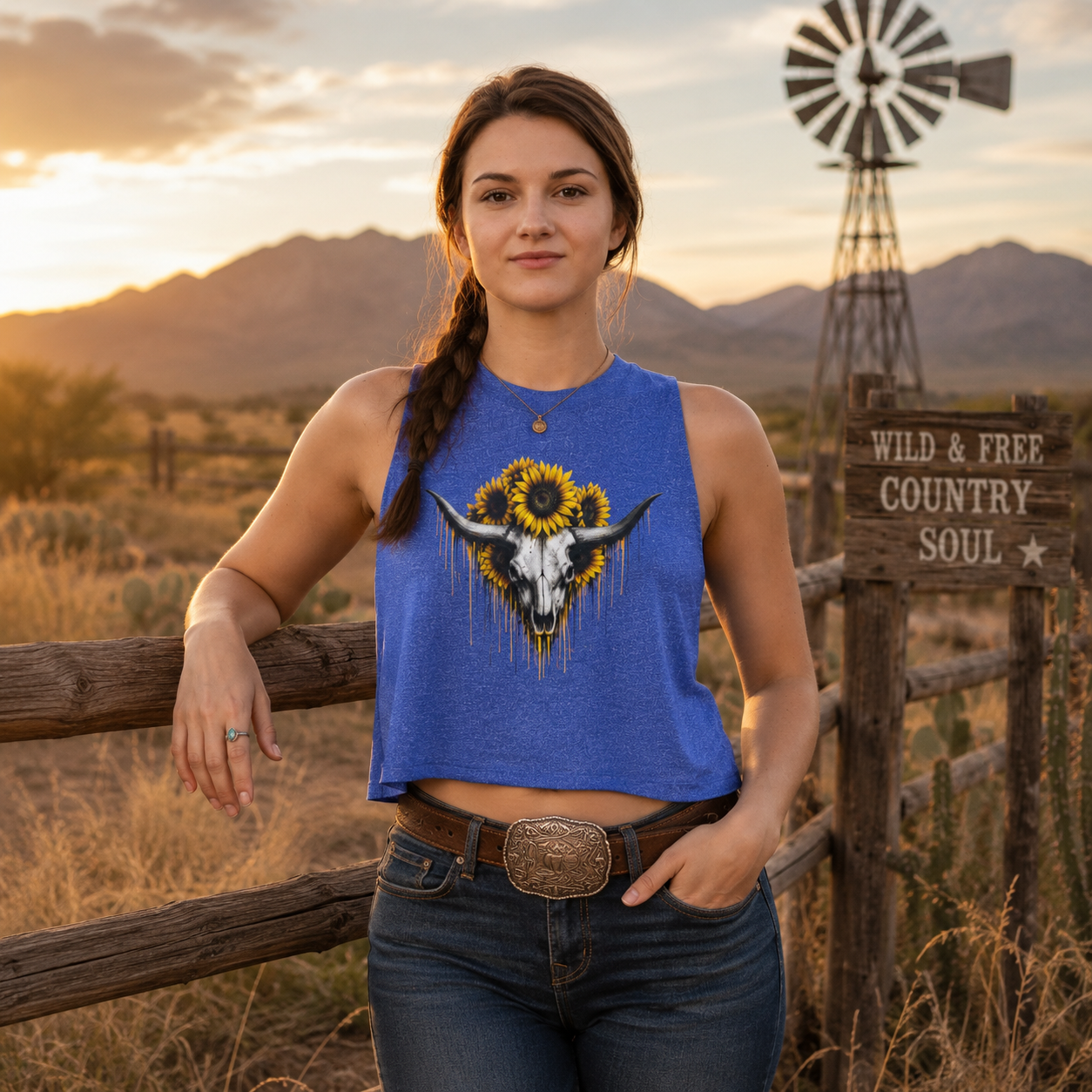 Sunflower Longhorn Skull Women's Crop Top | Southwestern Floral Skull