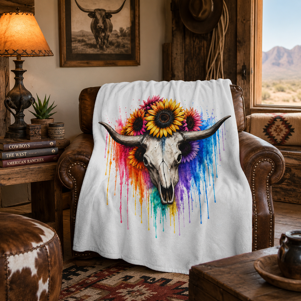 Sunflower Bull Skull Velveteen Blanket | Colorful Drip Watercolor Skull