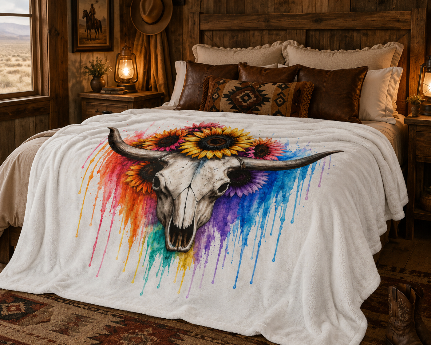 Sunflower Bull Skull Velveteen Blanket | Colorful Drip Watercolor Skull