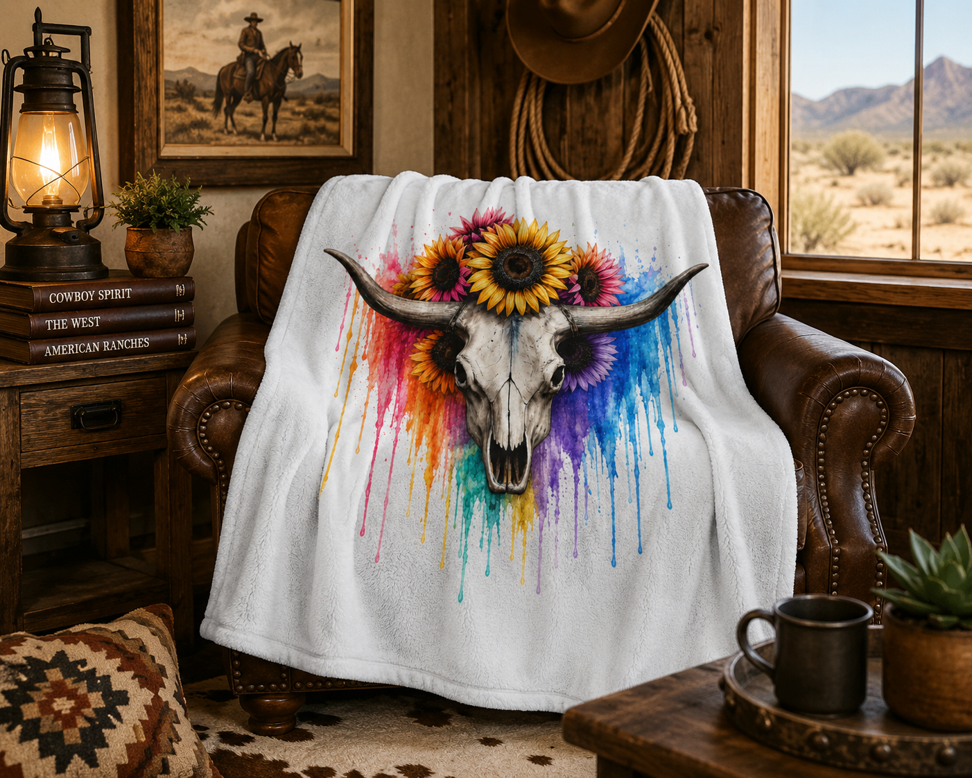 Sunflower Bull Skull Velveteen Blanket | Colorful Drip Watercolor Skull