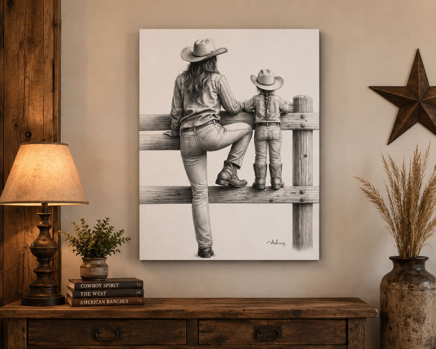 Cowgirl and Child Sketch Canvas