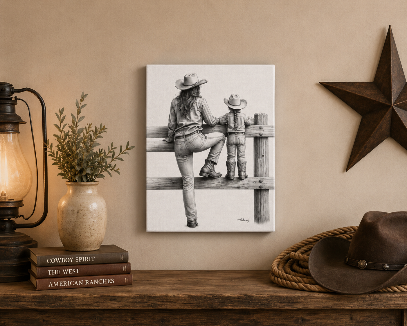 Cowgirl and Child Sketch Canvas