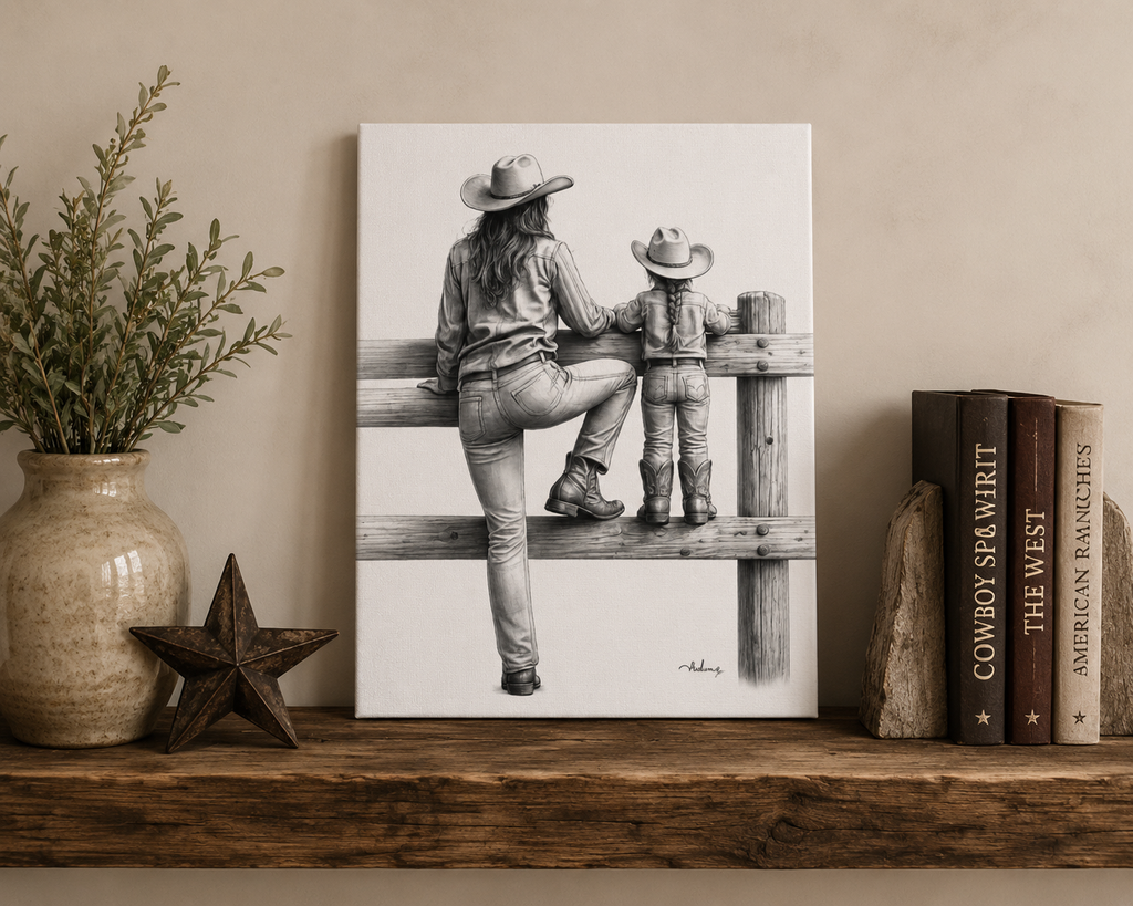 Cowgirl and Child Sketch Canvas